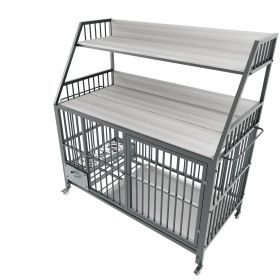 Large pet cage with storage rack, drawers with stainless steel food and water basins, double-layer storage rack made of iron frame and MDF materi (Color: as Pic)